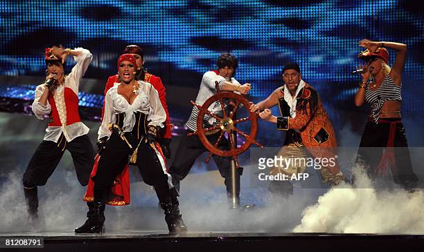 Pirates of the Sea of Latvia perform during the 2008 Eurovision Song Contest second semi-final at Belgrade Arena on May 22, 2008. The final will take...
