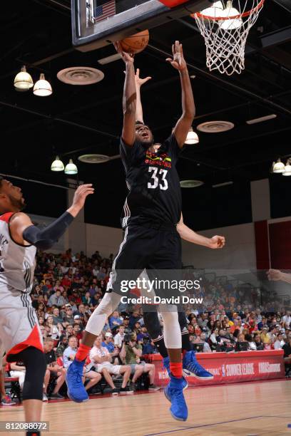 Diamond Stone of the Atlanta Hawks shoots the ball against the Chicago Bulls during the 2017 Las Vegas Summer League on July 10, 2017 at the Cox...