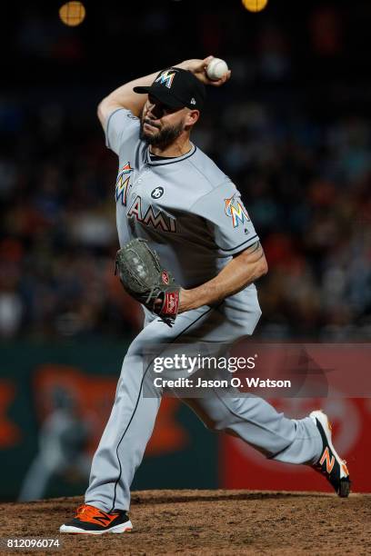 Dustin McGowan of the Miami Marlins pitches against the San Francisco Giants during the ninth inning at AT&T Park on July 7, 2017 in San Francisco,...