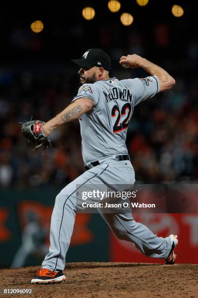 Dustin McGowan of the Miami Marlins pitches against the San Francisco Giants during the ninth inning at AT&T Park on July 7, 2017 in San Francisco,...