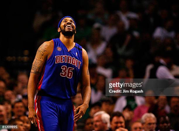 Rasheed Wallace of the Detroit Pistons looks up at the scoreboard against the Boston Celtics during Game Two of the 2008 NBA Eastern Conference...
