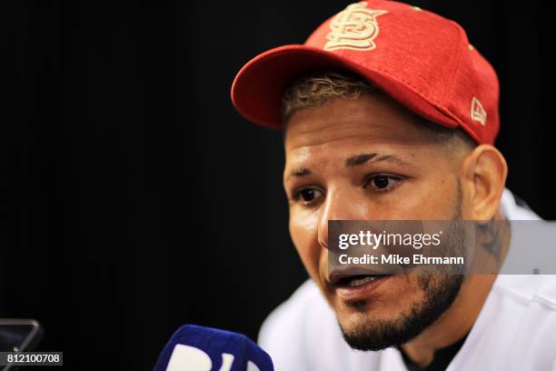 Yadier Molina of the St. Louis Cardinals and the National League speaks with the media during Gatorade All-Star Workout Day ahead of the 88th MLB...