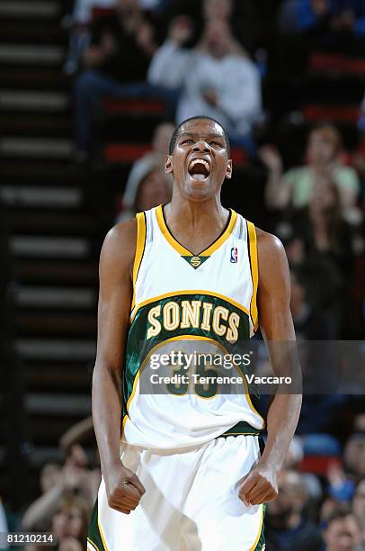 Kevin Durant of the Seattle SuperSonics reacts oncourt against # of the Dallas Mavericks during the game on April 13, 2008 at the Key Arena in...
