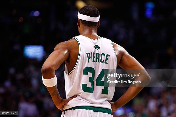 Paul Pierce of the Boston Celtics looks on against the Detroit Pistons during Game Two of the 2008 NBA Eastern Conference finals at the TD Banknorth...