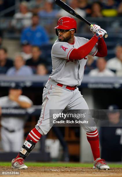 Eric Young Jr. #8 of the Los Angeles Angels of Anaheim in action against the New York Yankees during a game at Yankee Stadium on June 22, 2017 in the...