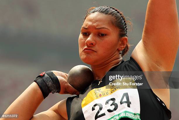 Valerie Vili of New Zealand prepares to throw during the qualification round of the Womens Shot Putt during day two of the Good Luck Beijing 2008...