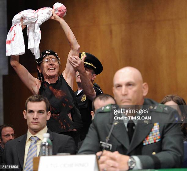 Protester disprupts the confirmation hearing of US Lt. Gen. Raymond Odierno before the Senate Armed Services Committee on May 22, 2008 on Capitol...