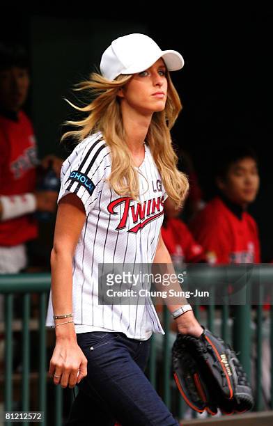 Designer and socialite Nicky Hilton attends the Korean Baseball Organization game between the LG Twins and the KIA Tigers at Jamsil Baseball Stadium...