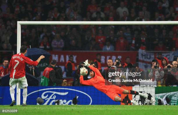 Cristiano Ronaldo of Manchester United has his penalty kick saved by Petr Cech of Chelsea in the shoot-out during the UEFA Champions League Final...