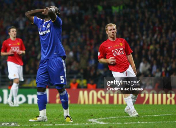 Michael Essien of Chelsea reacts during the UEFA Champions League Final match between Manchester United and Chelsea at the Luzhniki Stadium on May...