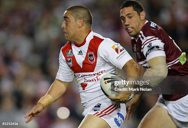Rangi Chase of the Dragons makes a line break during the round 11 NRL match between the Manly Warringah Sea Eagles and the St George Illawarra...