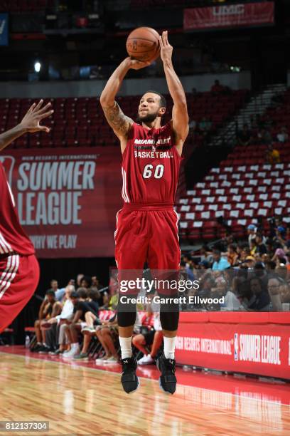 Trey McKinney-Jones of the Miami Heat shoots the ball against the Washington Wizards on July 10, 2017 at the Thomas & Mack Center in Las Vegas,...