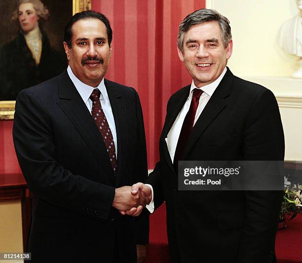 British Prime Minister Gordon Brown receives Qatari Prime Minister Sheikh Hamad bin Jassem bin Jabr al-Thani at 10 Downing Street on May 23, 2008 in...