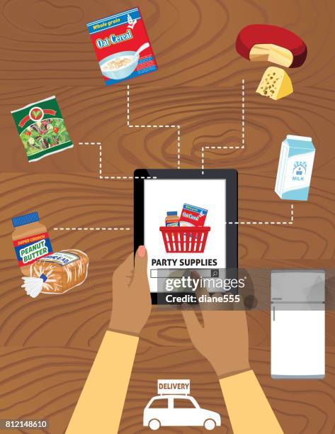 iot food ordering on mobile device - hand using ipad stock illustrations
