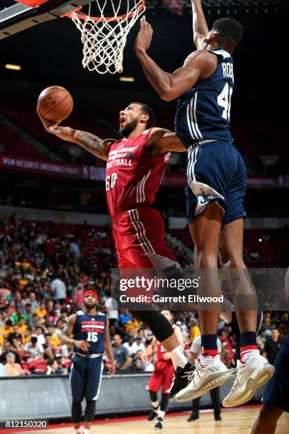 Trey McKinney-Jones of the Miami Heat goes to the basket against the Washington Wizards on July 10, 2017 at the Thomas & Mack Center in Las Vegas,...