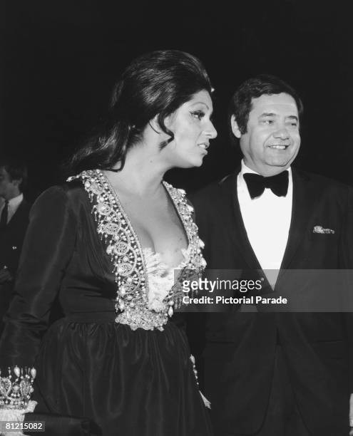 American film industry publicist Warren Cowan with his actress wife Barbara Rush at the Academy Awards ceremony, Hollywood, California, 14th April...