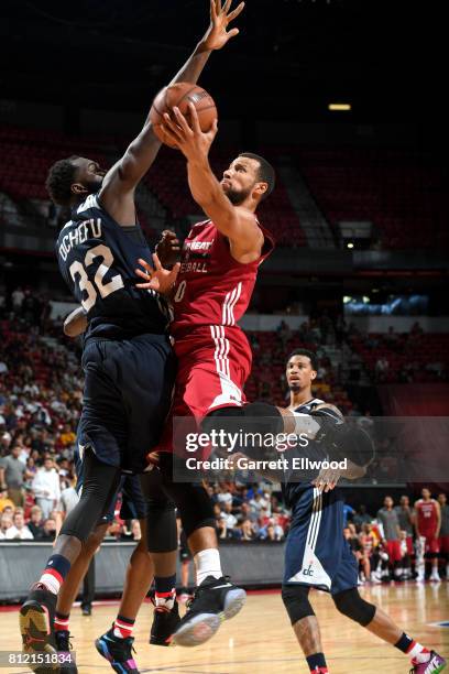 Trey McKinney-Jones of the Miami Heat goes to the basket against the Washington Wizards on July 10, 2017 at the Thomas & Mack Center in Las Vegas,...