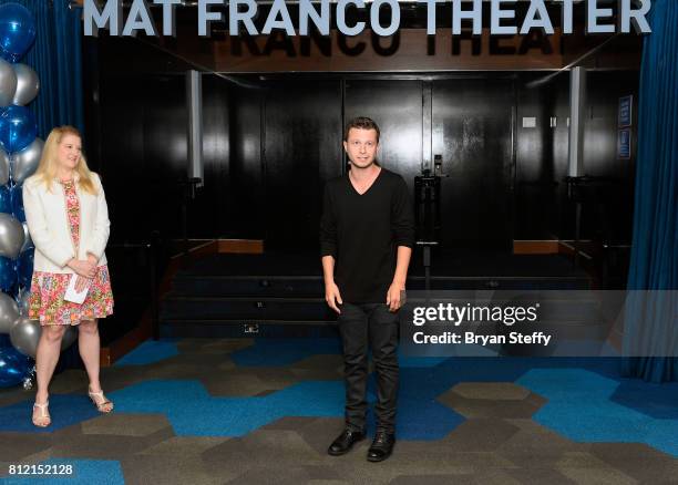 Regional President of the Linq Hotel & Casino Eileen Moore watches as magician Mat Franco speaks after revealing his namesake theater marquee as part...