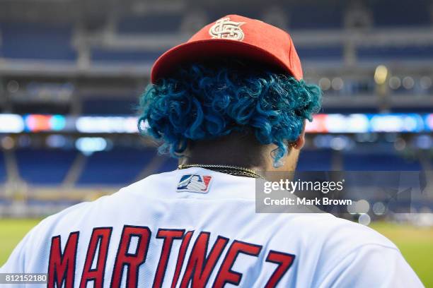Detailed view of the blue hair of Carlos Martlnez of the St. Louis Cardinals and the National League during Gatorade All-Star Workout Day ahead of...