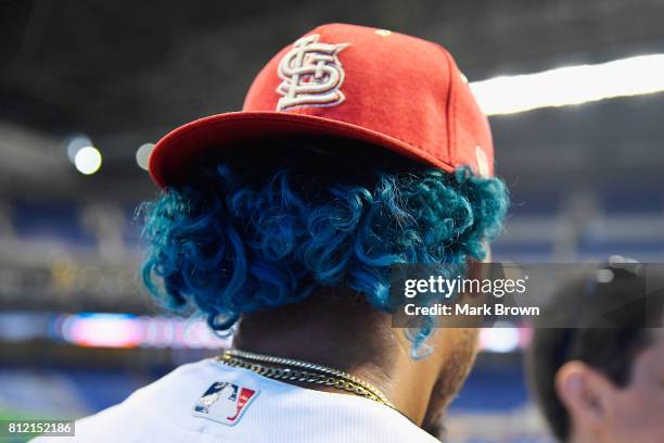 Detailed view of the blue hair of Carlos Martlnez of the St. Louis Cardinals and the National League during Gatorade All-Star Workout Day ahead of...