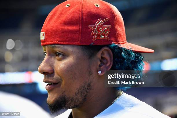 Carlos Martlnez of the St. Louis Cardinals and the National League speaks with the media during Gatorade All-Star Workout Day ahead of the 88th MLB...