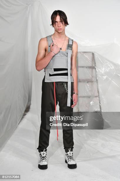 Model poses during the Heliot Emil - Presentation at Dune Studios on July 10, 2017 in New York City.