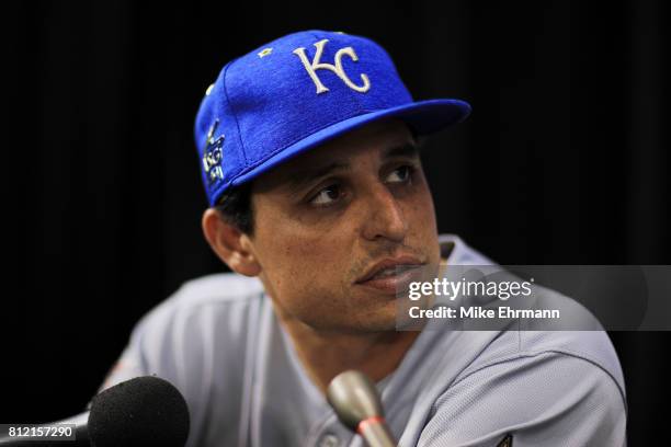 Jason Vargas of the Kansas City Royals and the American League speaks with the media during Gatorade All-Star Workout Day ahead of the 88th MLB...