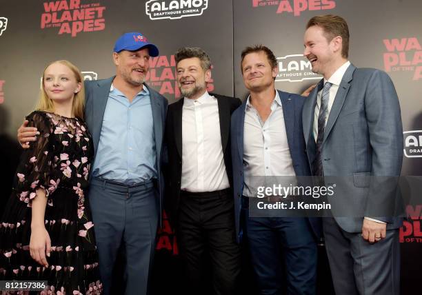 Amiah Miller, Woody Harrelson, Andy Serkis, Steve Zahn and Matt Reeves attend "War for the Planet Of The Apes" premiere at SVA Theater on July 10,...