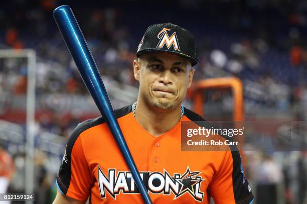 Giancarlo Stanton of the Miami Marlins and the National League takes part in Gatorade All-Star Workout Day ahead of the 88th MLB All-Star Game at...