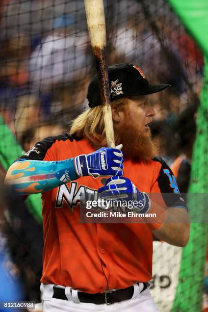 Justin Turner of the Los Angeles Dodgers and the National League takes batting practice during Gatorade All-Star Workout Day ahead of the 88th MLB...