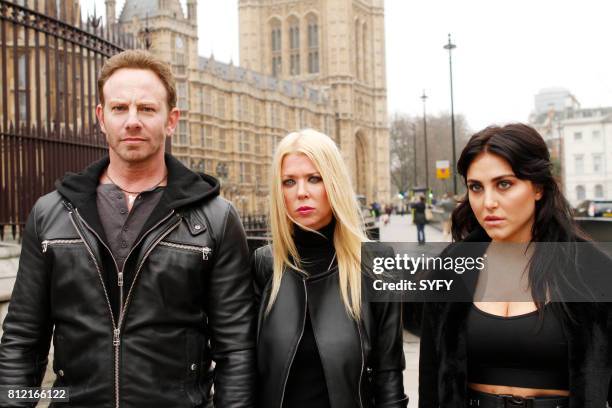 Pictured: Ian Ziering as Fin Shepard, Tara Reid as April Shepard, Cassie Scerbo as Nova Clarke --