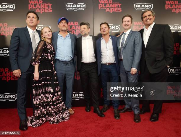 Dylan Clark, Amiah Miller, Woody Harrelson, Andy Serkis, Steve Zahn, Matt Reeves and Peter Chernin attend "War for the Planet Of The Apes" premiere...