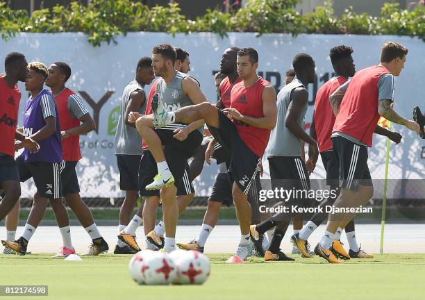 Midfielder Henrikh Mkhitaryan of Manchester United during a training session for Tour 2017 at UCLA's Drake Stadium July 10 in Los Angeles, California.