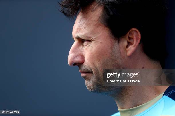 Coach Laurie Daley speaks to media during the New South Wales Blues State of Origin training session at Cbus Super Stadium on July 11, 2017 in Gold...
