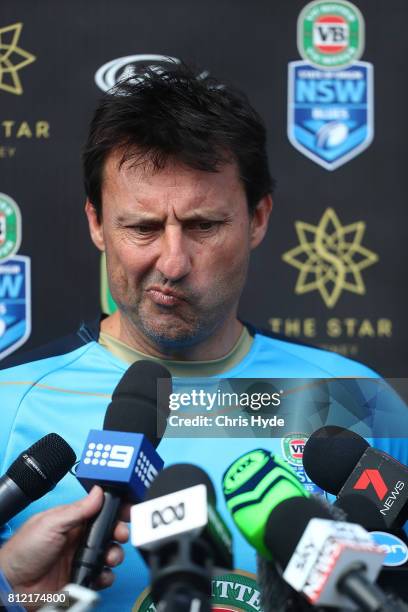 Coach Laurie Daley speaks to media during the New South Wales Blues State of Origin training session at Cbus Super Stadium on July 11, 2017 in Gold...