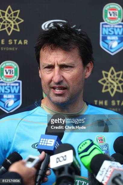 Coach Laurie Daley speaks to media during the New South Wales Blues State of Origin training session at Cbus Super Stadium on July 11, 2017 in Gold...