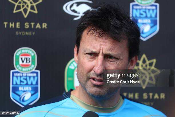 Coach Laurie Daley speaks to media during the New South Wales Blues State of Origin training session at Cbus Super Stadium on July 11, 2017 in Gold...