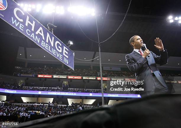 Democratic presidential hopeful Sen. Barack Obama, speaks during a Broward County campaign rally at the Bank Atlantic Center May 23, 2008 in Sunrise,...