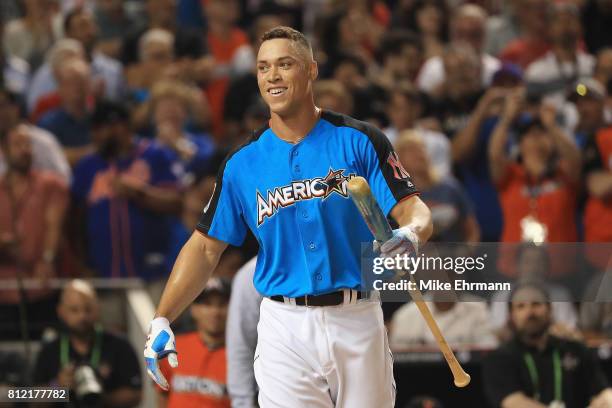 Aaron Judge of the New York Yankees reacts during the T-Mobile Home Run Derby at Marlins Park on July 10, 2017 in Miami, Florida.