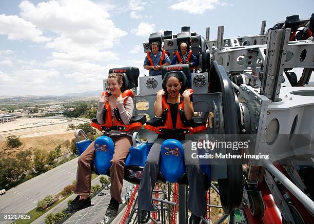 Jacque Marquez and Sarah Martinez, were one of the first riders to experience X2 during X2 Media Day At Six Flags Magic Mountain on May 22, 2008 in...