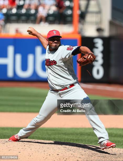 Joaquin Benoit of the Philadelphia Phillies pitches against the New York Mets during their game at Citi Field on July 2, 2017 in New York City.