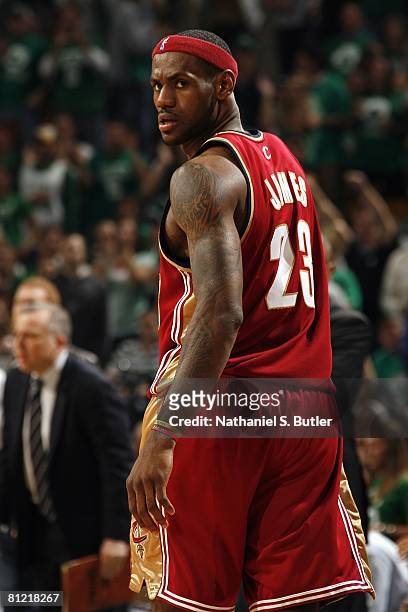 LeBron James of the Cleveland Cavaliers looks over his shoulder in Game Five of the Eastern Conference Semifinals against the Boston Celtics during...
