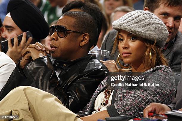 Rapper Jay-Z and his wife singer Beyonce attend Game Five of the Eastern Conference Semifinals between the Cleveland Cavaliers and the Boston Celtics...
