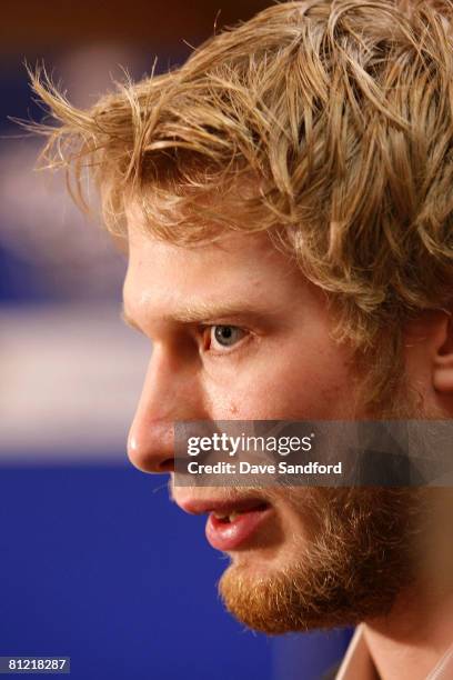 Jordan Staal of the Pittsburgh Penguins addresses the media during Live at the Stanley Cup Final from Cobo Hall on May 23, 2008 in Detroit, Michigan.