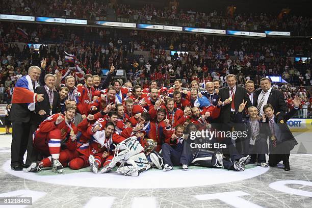 Russia poses for a team photo on the ice after their win over Canada during the Gold Medal Game of the International Ice Hockey Federation World...