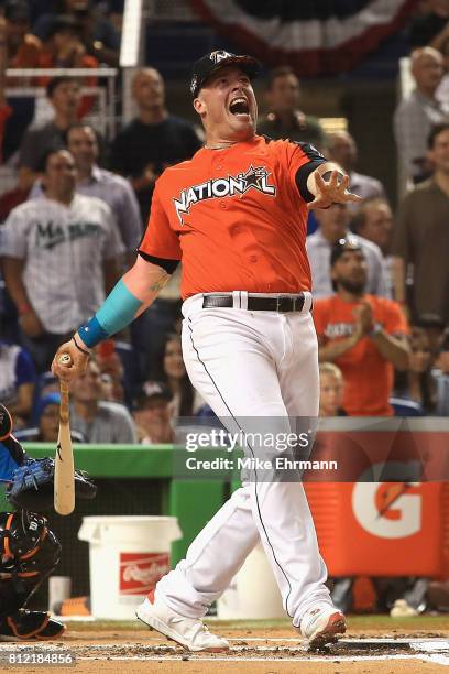 Justin Bour of the Miami Marlins competes in the T-Mobile Home Run Derby at Marlins Park on July 10, 2017 in Miami, Florida.