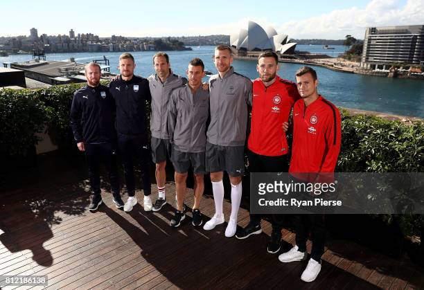 David Carney and Andrew Redmayne of Sydney FC, Petr Cech, Laurent Koscielny and Per Mertesacker of Arsenal, Robbie Cornthwaite and Oriol Riera of...