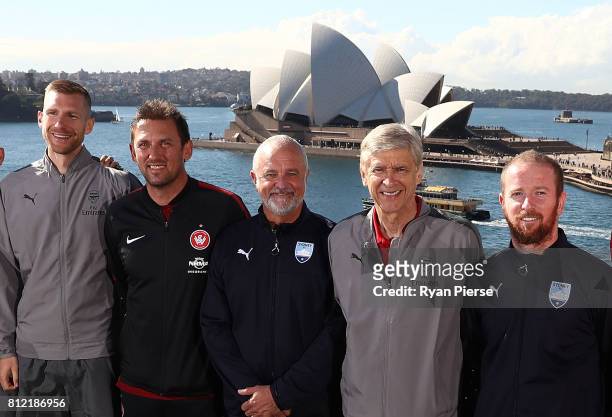 Per Mertesacker of Arsenal, Wanderers coach Tony Popovic, Sydney FC Coach Graham Arnold, Arsenal Manager Arsene Wenger and David Carney of Sydney FC,...