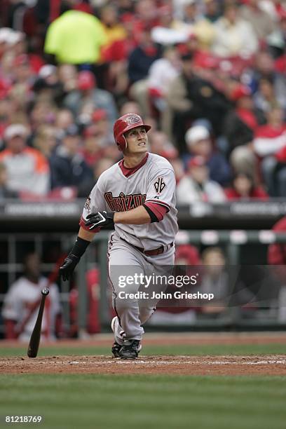 Jeff Salazar of the Arizona Diamondbacks hitting a home run during the game against the Cincinnati Reds at Great American Ball Park in Cincinnati,...