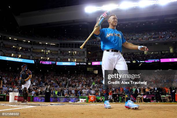 Aaron Judge of the New York Yankees reacts after winning the 2017 T-Mobile Home Run Derby at Marlins Park on Monday, July 10, 2017 in Miami, Florida.